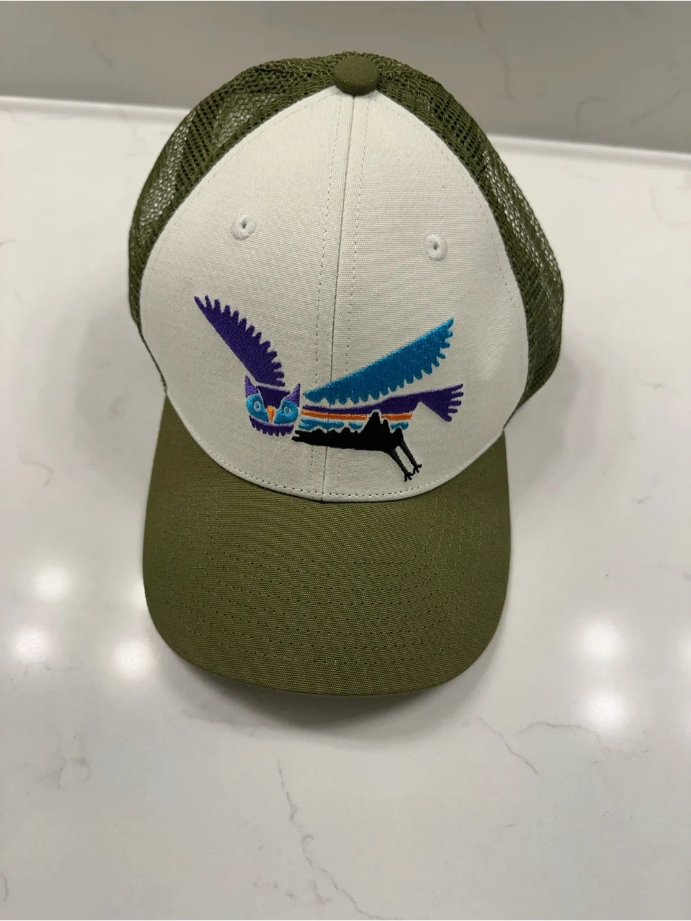 Patagonia Kids White & Olive Trucker Hat with Colorful Embroidered Owl